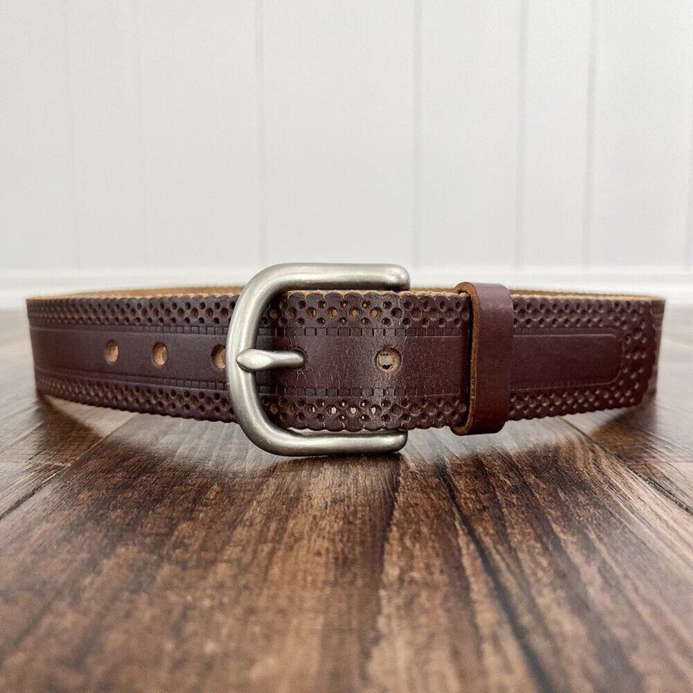Laser Cut Belt Scallop Edge Solid Brass Buckle Bonded Leather Size Medium Brown